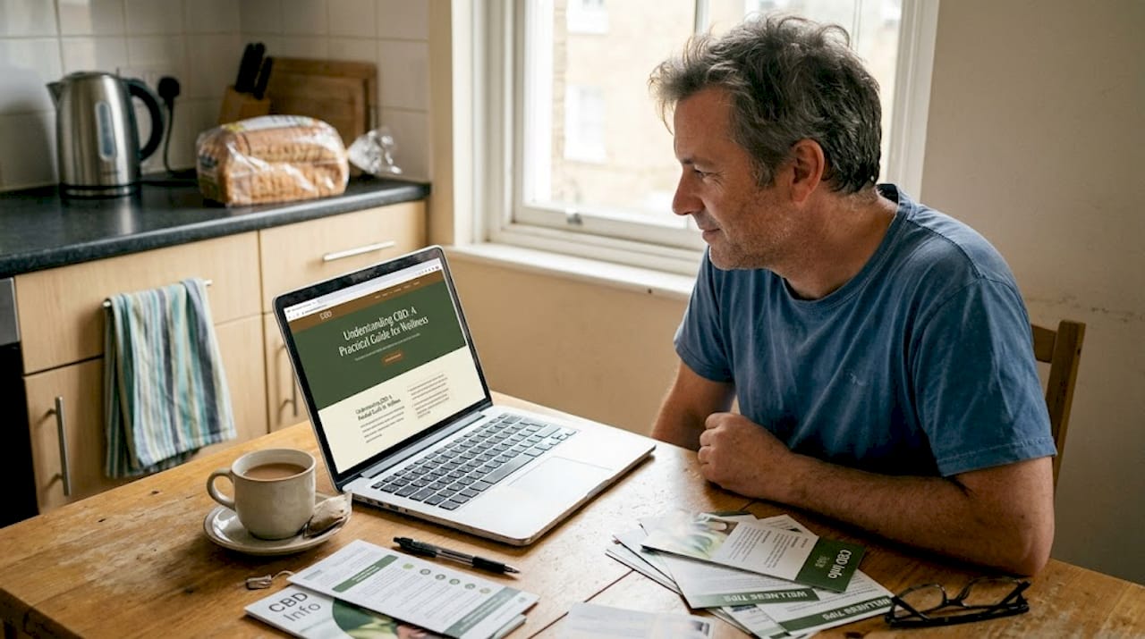 Man using laptop to research cbd effects
