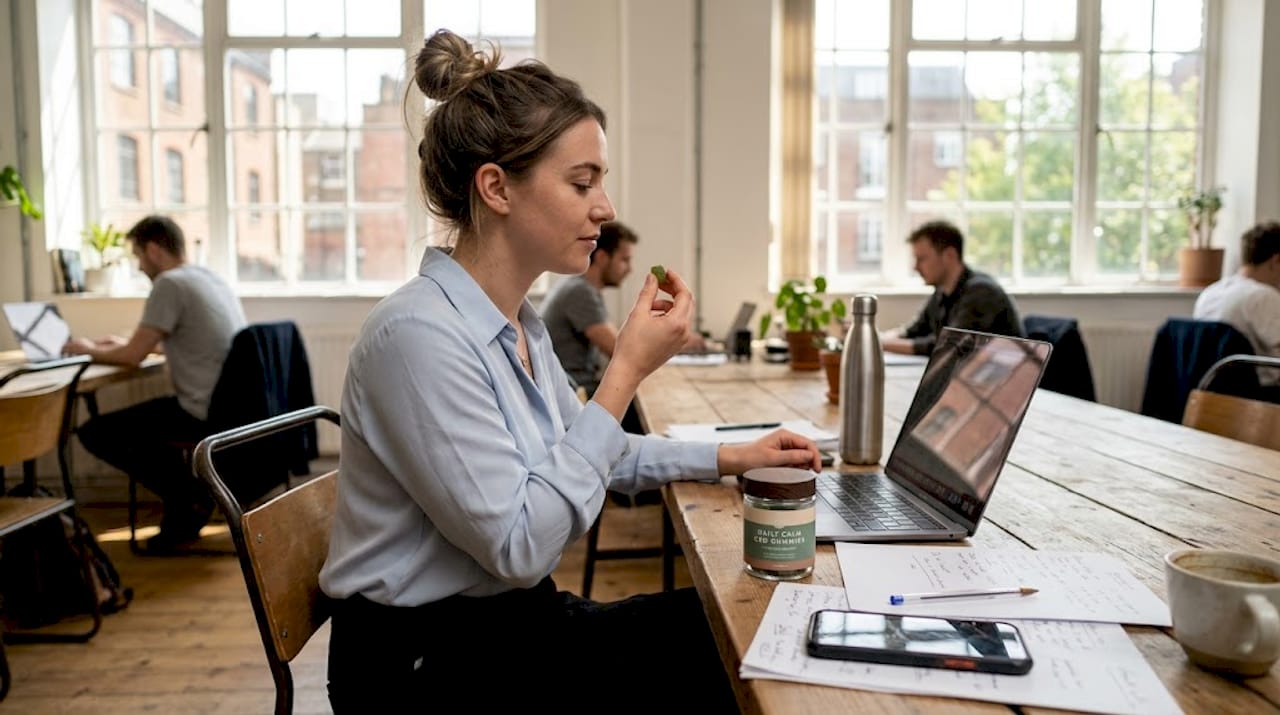 Woman taking CBD gummy at shared desk