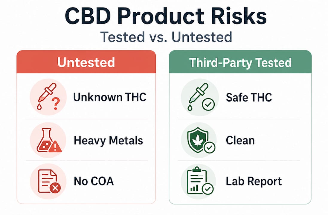Infographic comparing untested and tested CBD risks