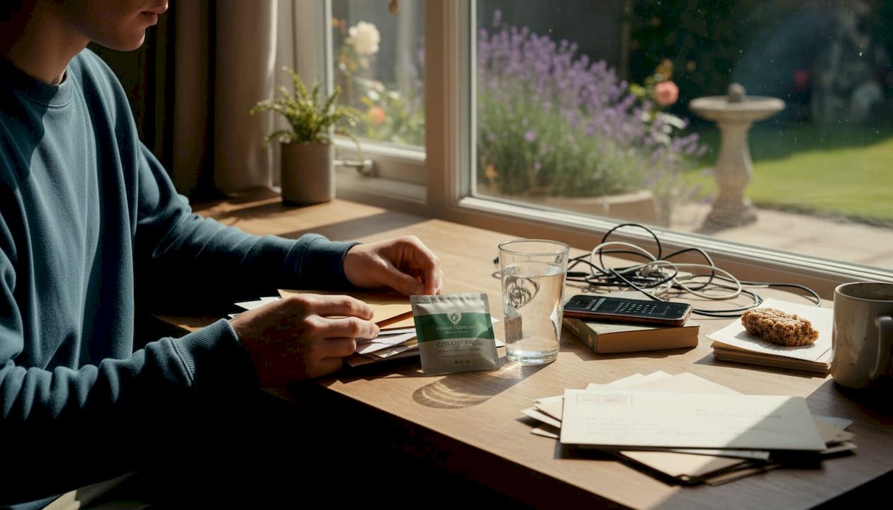 Person using CBD soft gel at busy home desk