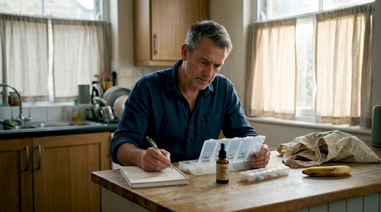 Man recording cbd dosage in kitchen journal