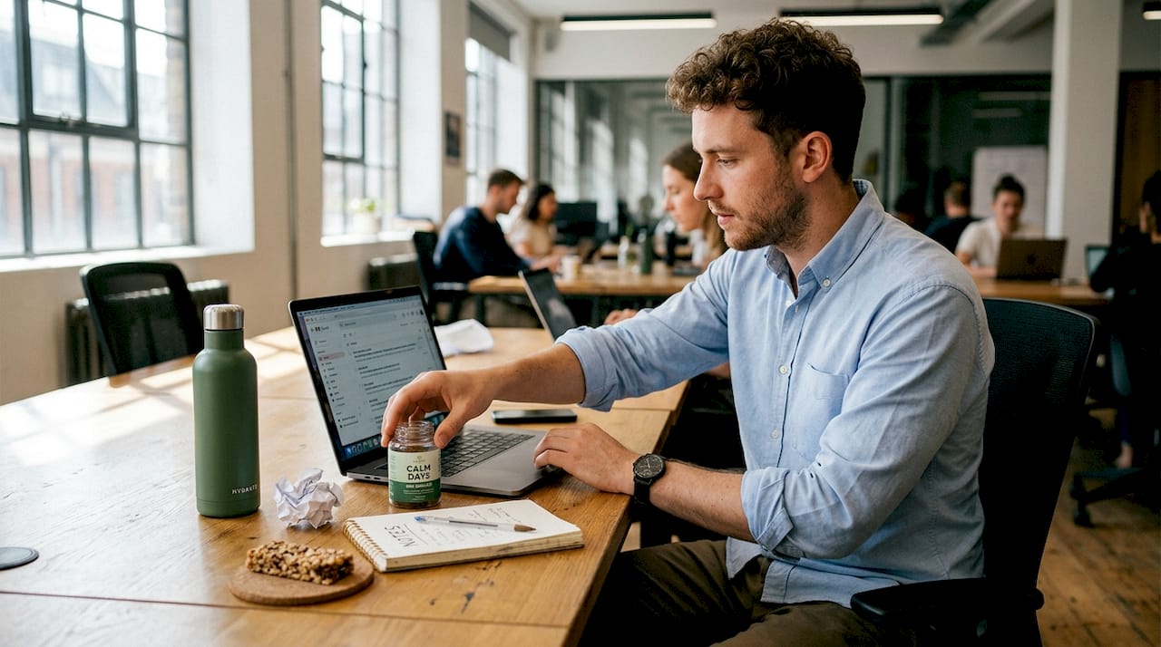 Man reaches for CBD gummies at desk