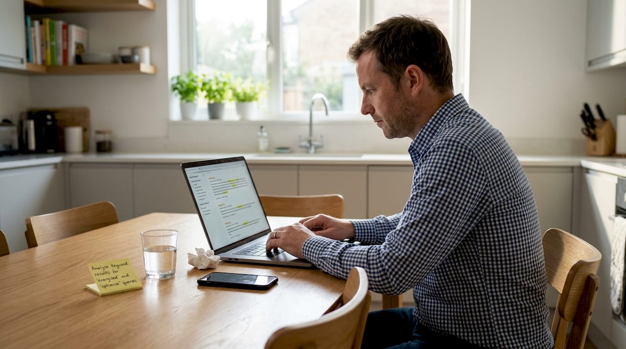 Man filtering reviews at bright kitchen table