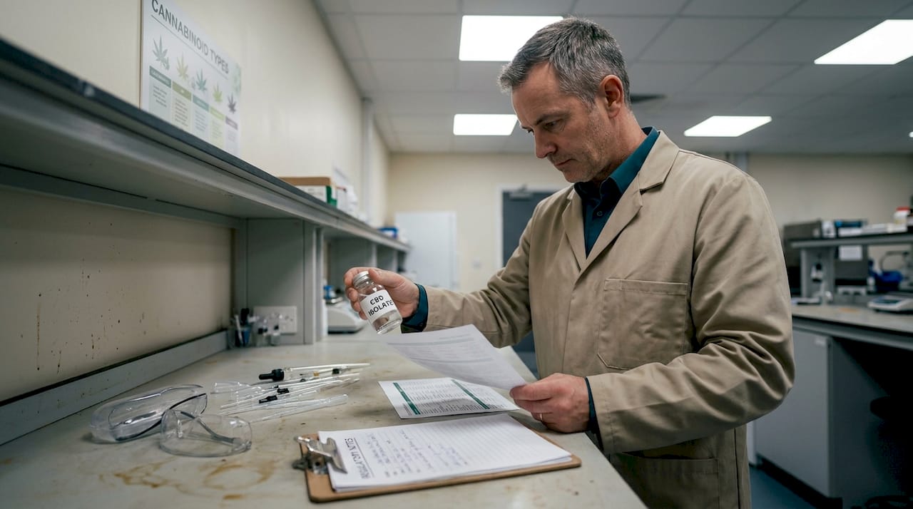 Lab technician reviewing CBD isolate vial