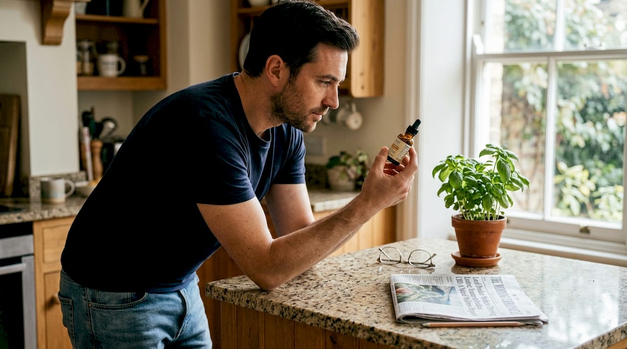 Man reading CBD tincture label on kitchen counter