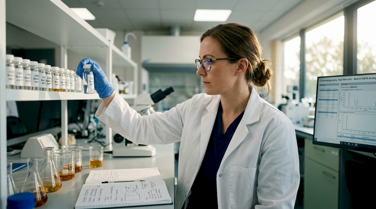 Laboratory staff checking CBD batch samples