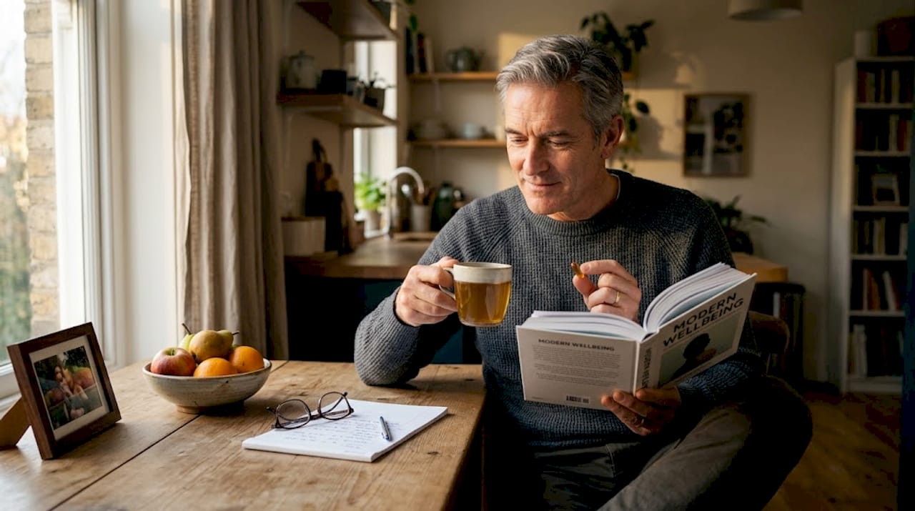 Man taking CBD capsule with breakfast