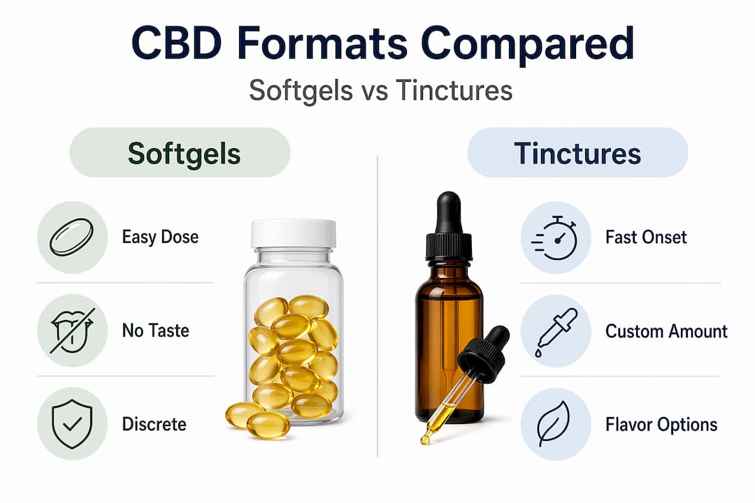Infographic comparing CBD softgels and tinctures