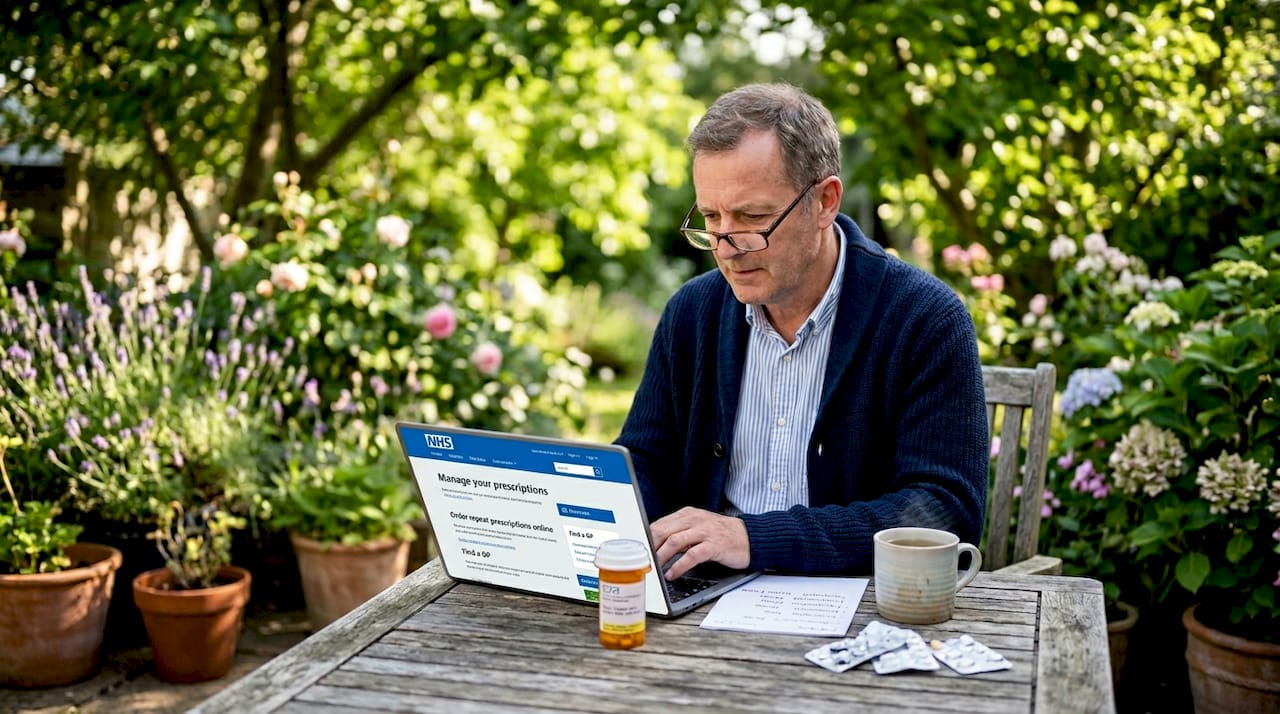 Man cross-checking medication and UK website