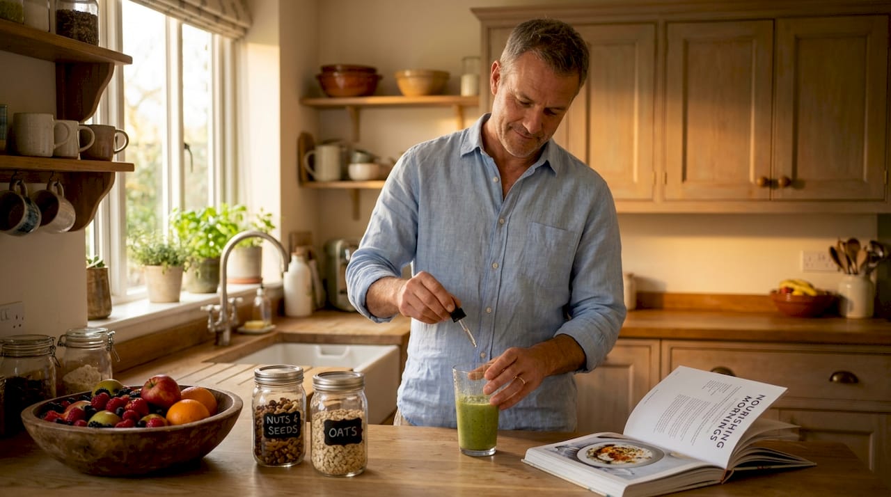 Man adding CBG oil to morning smoothie