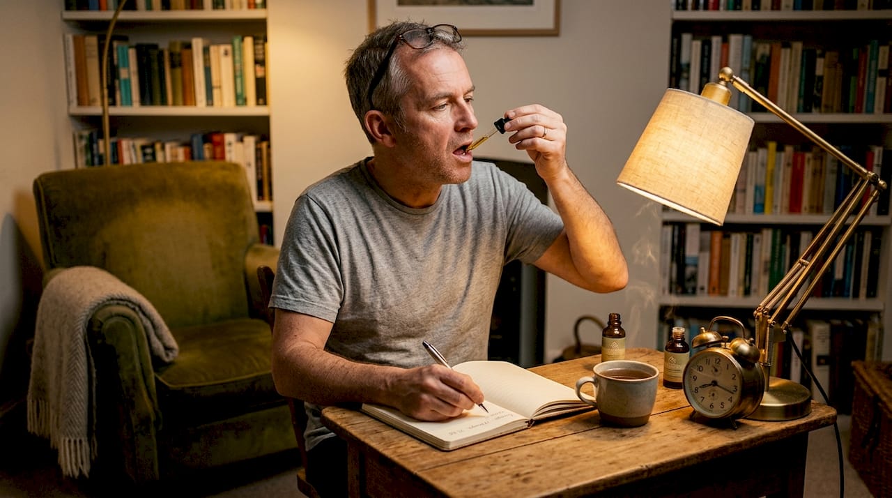 Man recording CBD dosage at bedside table