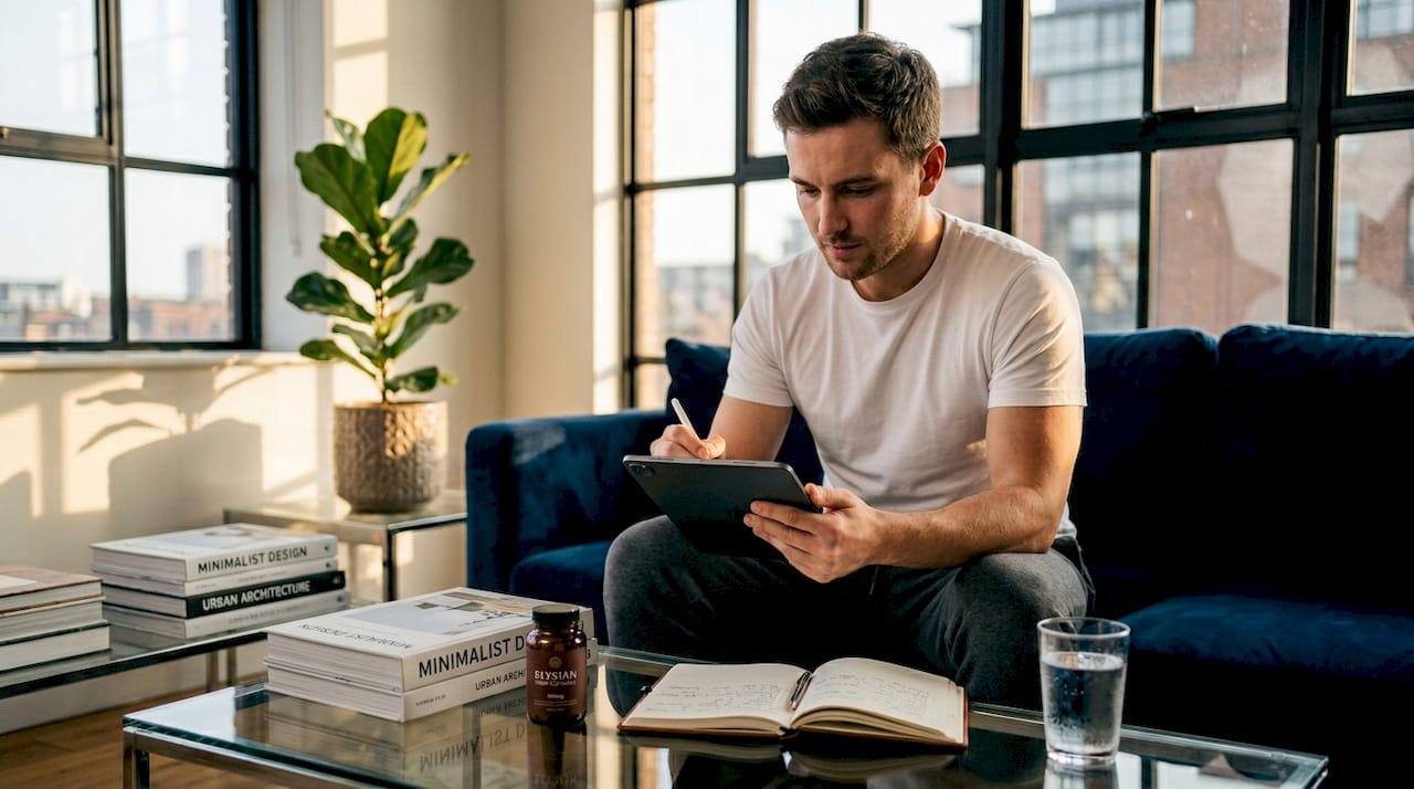 Man logs CBD doses on phone at home