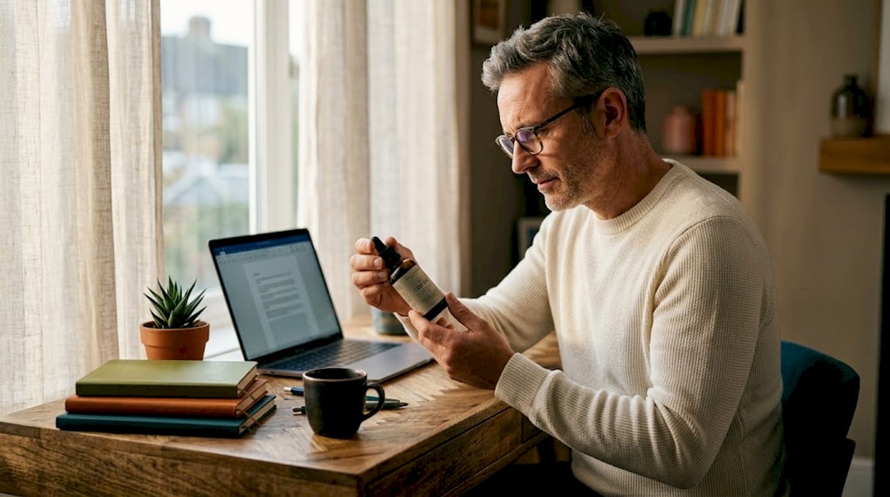 Man reading CBD label at home office desk