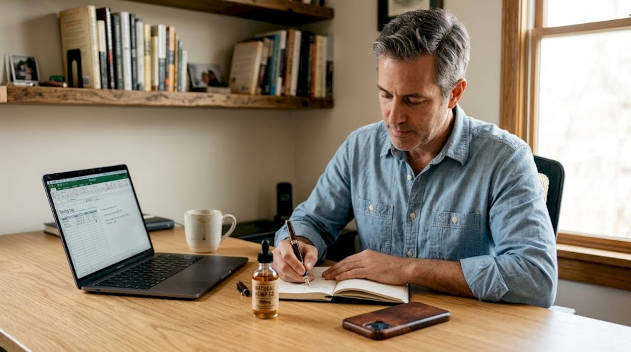 Man tracking hemp oil dose in home office