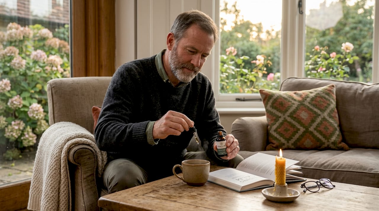Man using CBD oil in relaxed living room