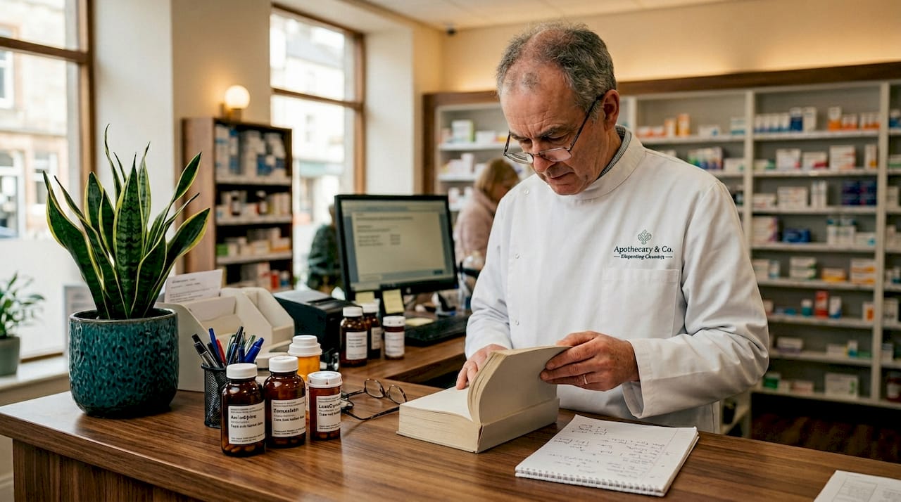 Pharmacist checks medication interaction reference book