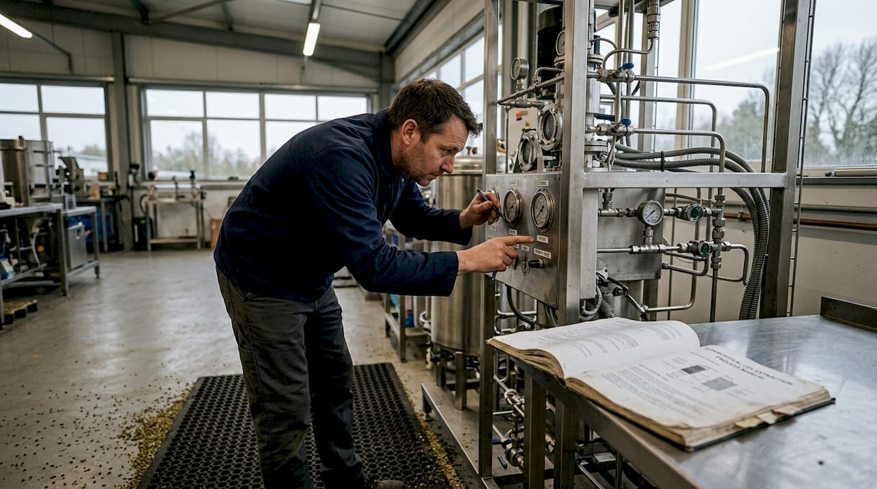 Operator reviewing supercritical CO2 extraction machine