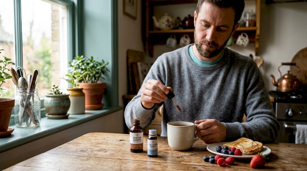 Person adding supplement drops to morning tea