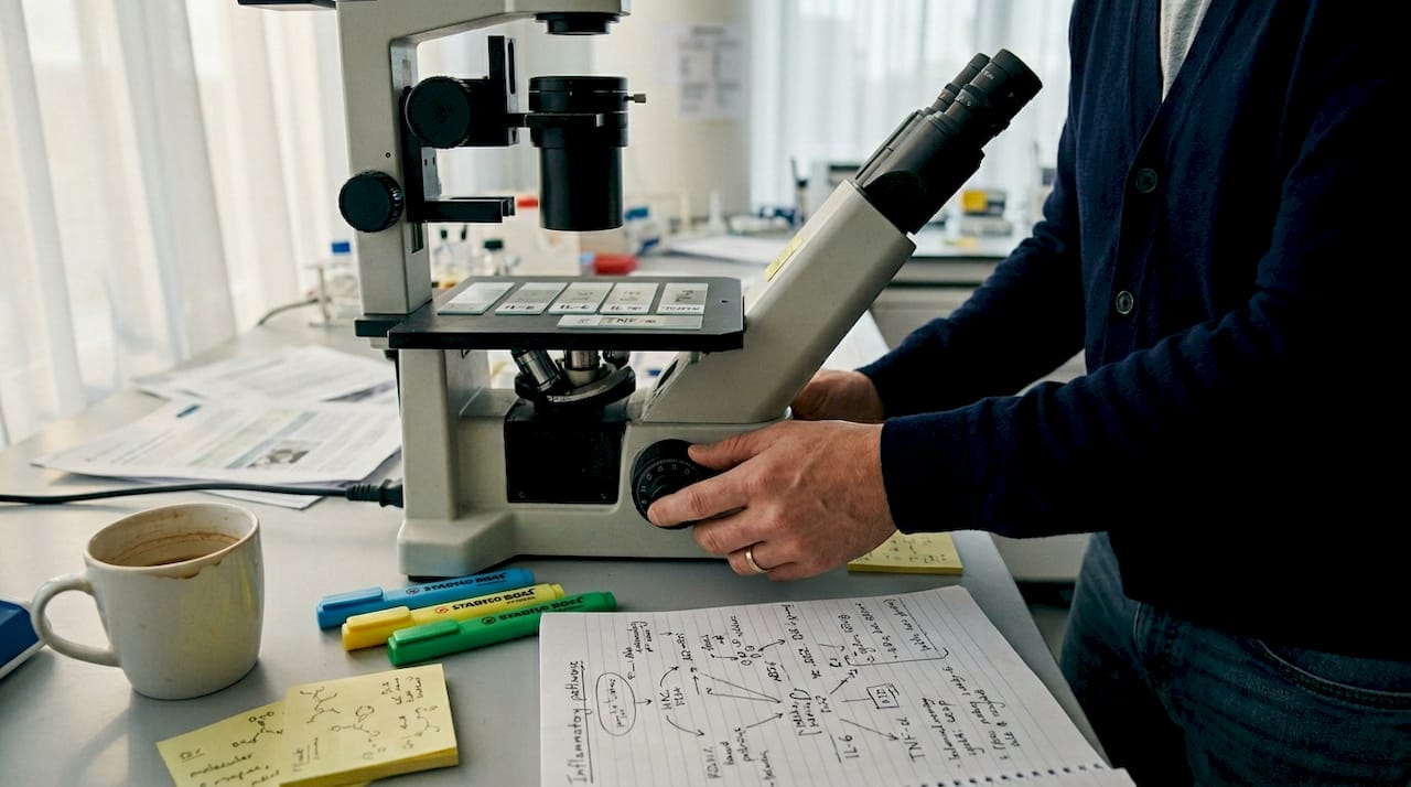 Hands adjusting microscope examining inflammation