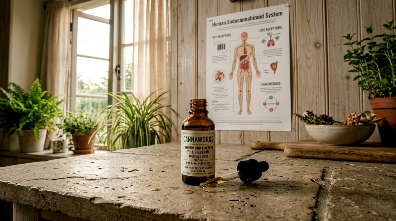 CBD tincture bottle near endocannabinoid system chart