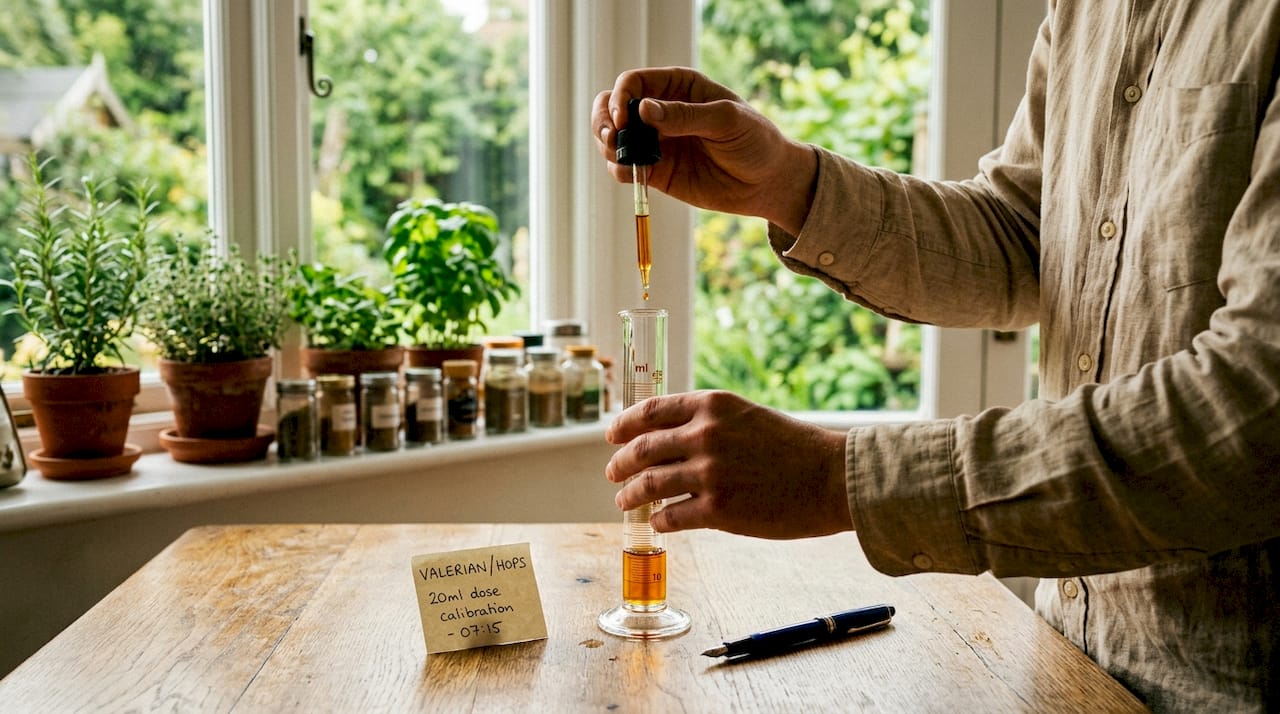 Hands calibrating tincture dropper over graduated cylinder