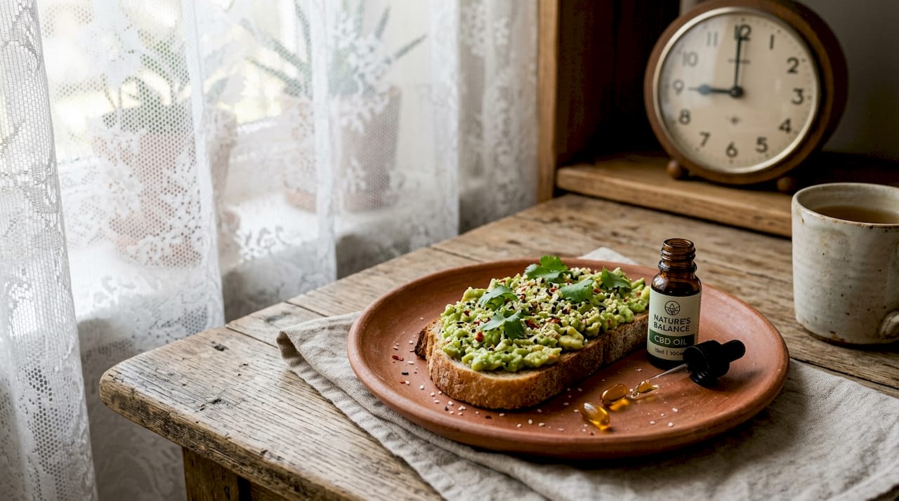 CBD products and breakfast with avocado toast