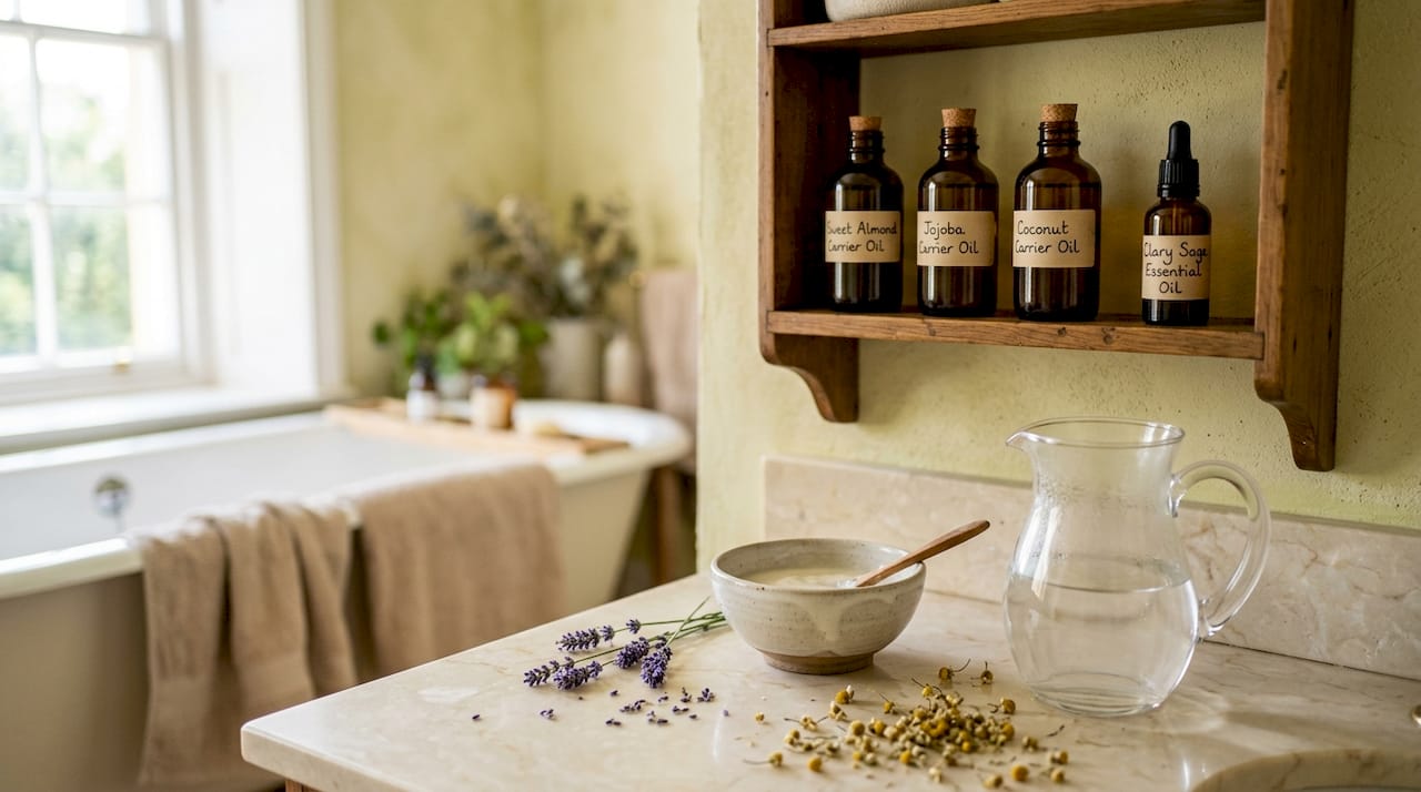 Carrier and essential oils arranged on kitchen counter