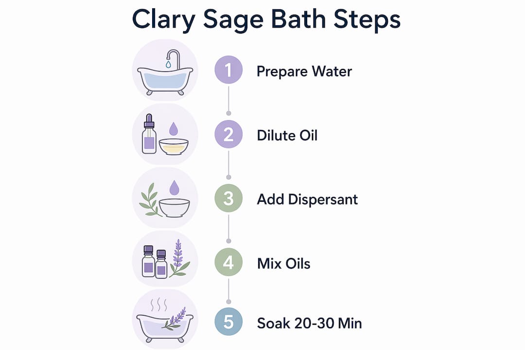 Infographic illustrating step-by-step clary sage bath preparation