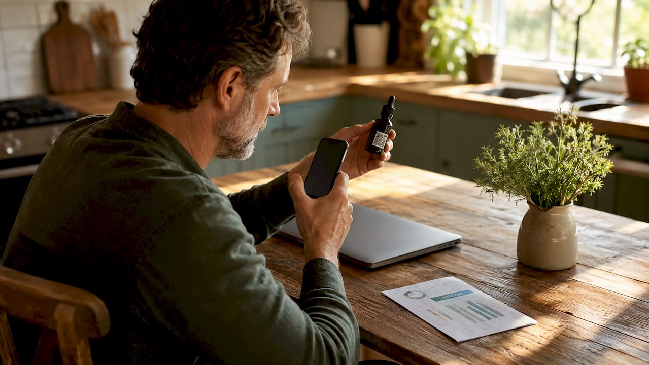 Man scanning CBD product QR code at desk
