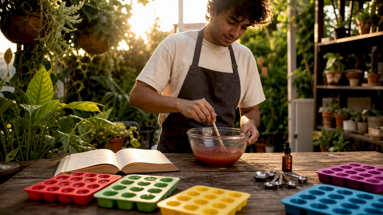 Hands mixing CBD gummies ingredients in kitchen