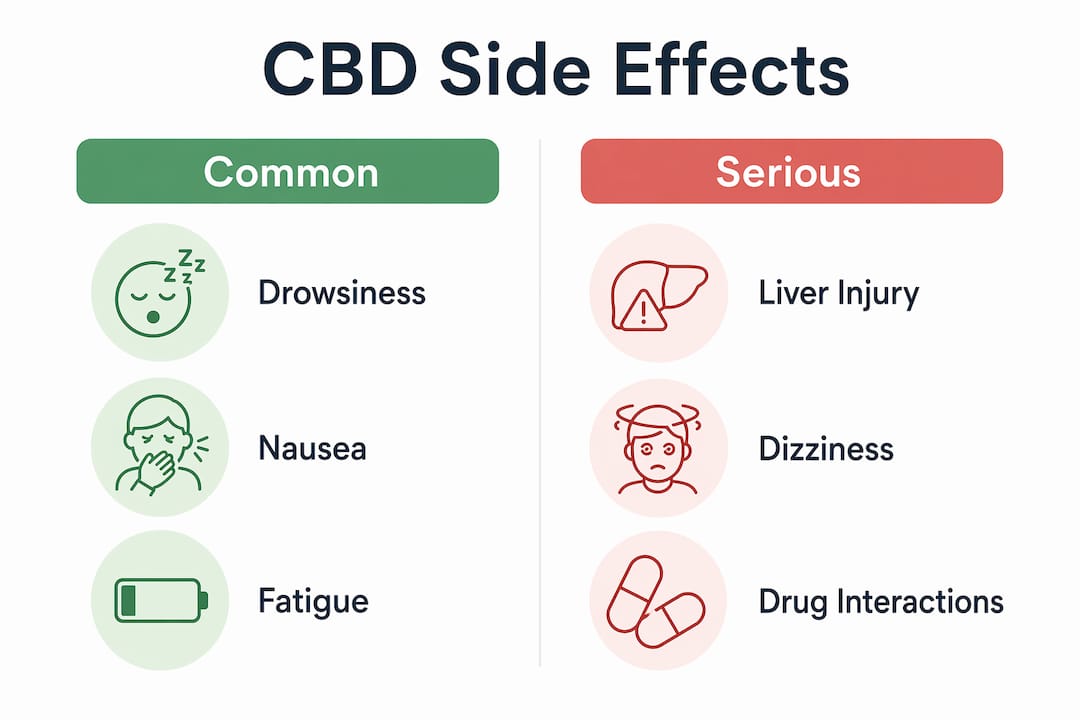 Infographic comparing common and serious CBD side effects