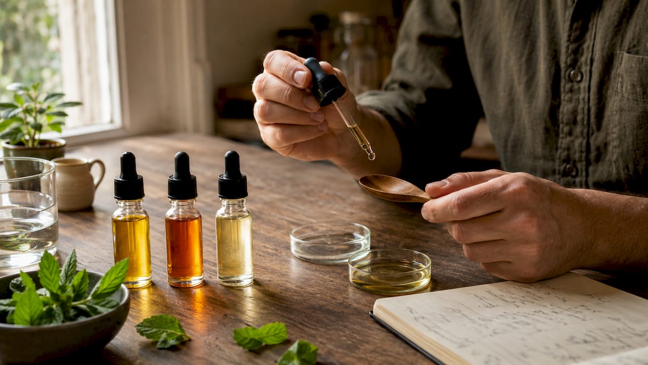 Close-up bottles showing CBD oil spectrum taste types