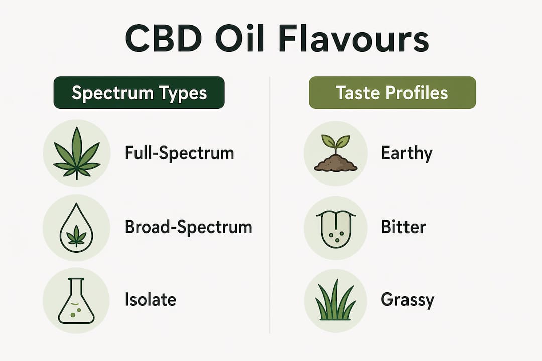 Infographic comparing CBD oil spectrum types and taste profiles