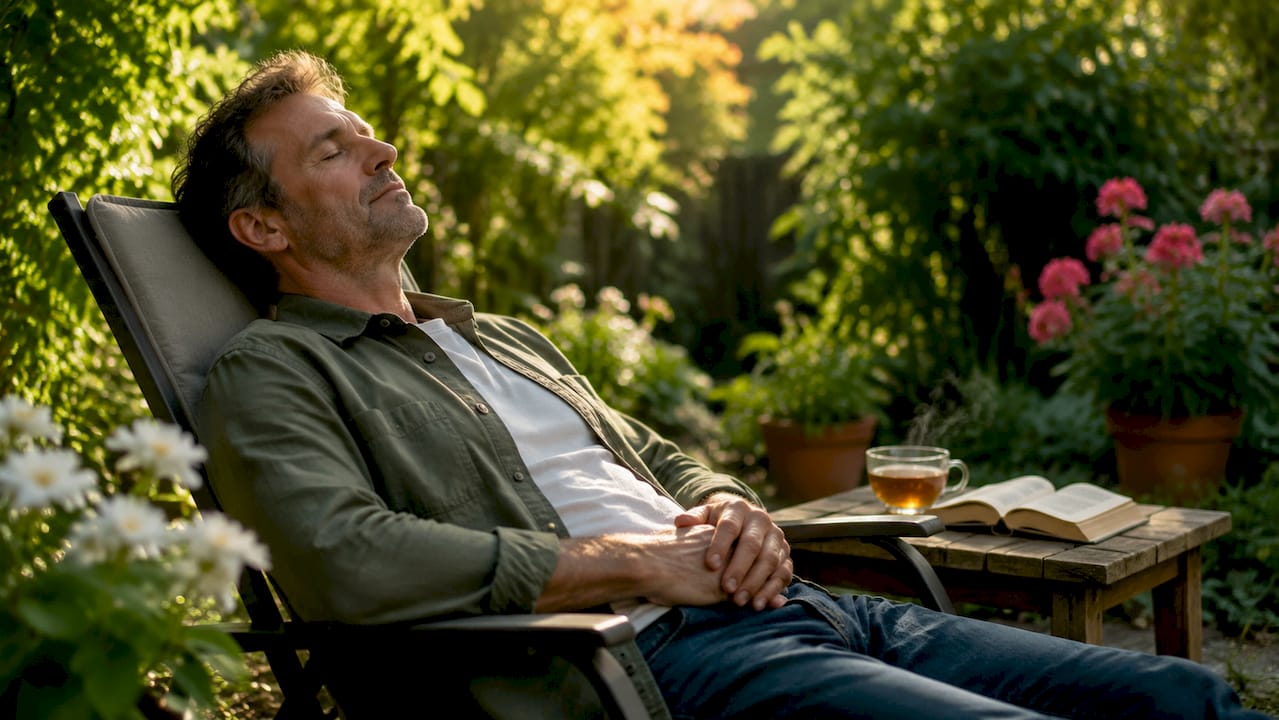 Man relaxing at home office reducing anxiety