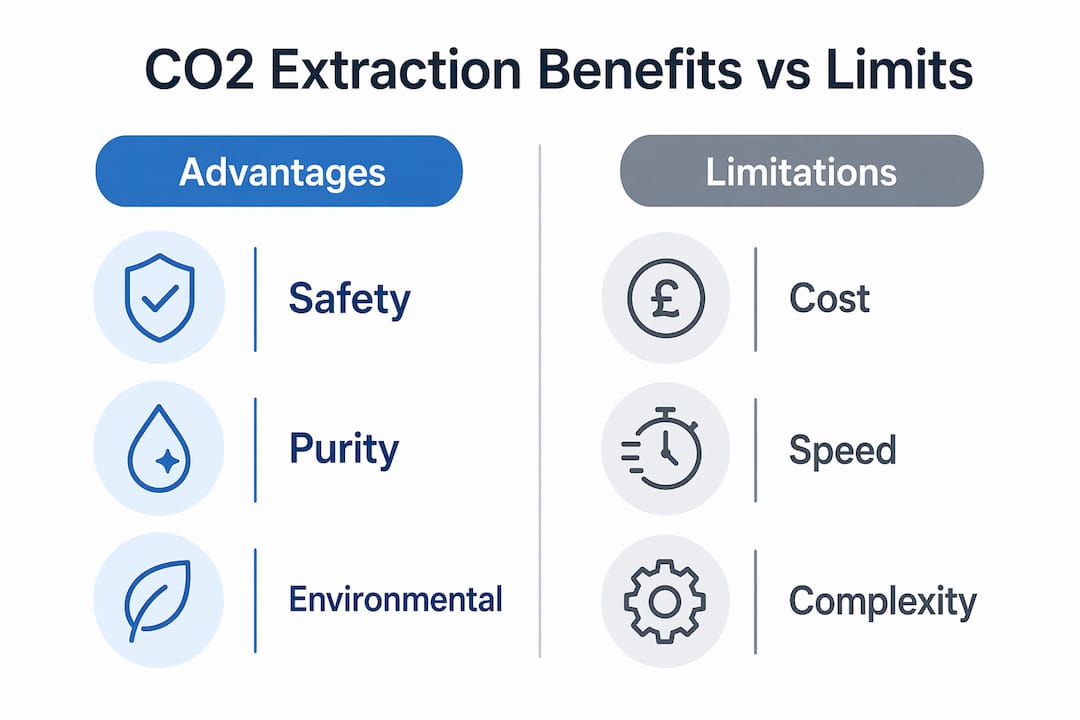Infographic comparing CO2 extraction pros and cons