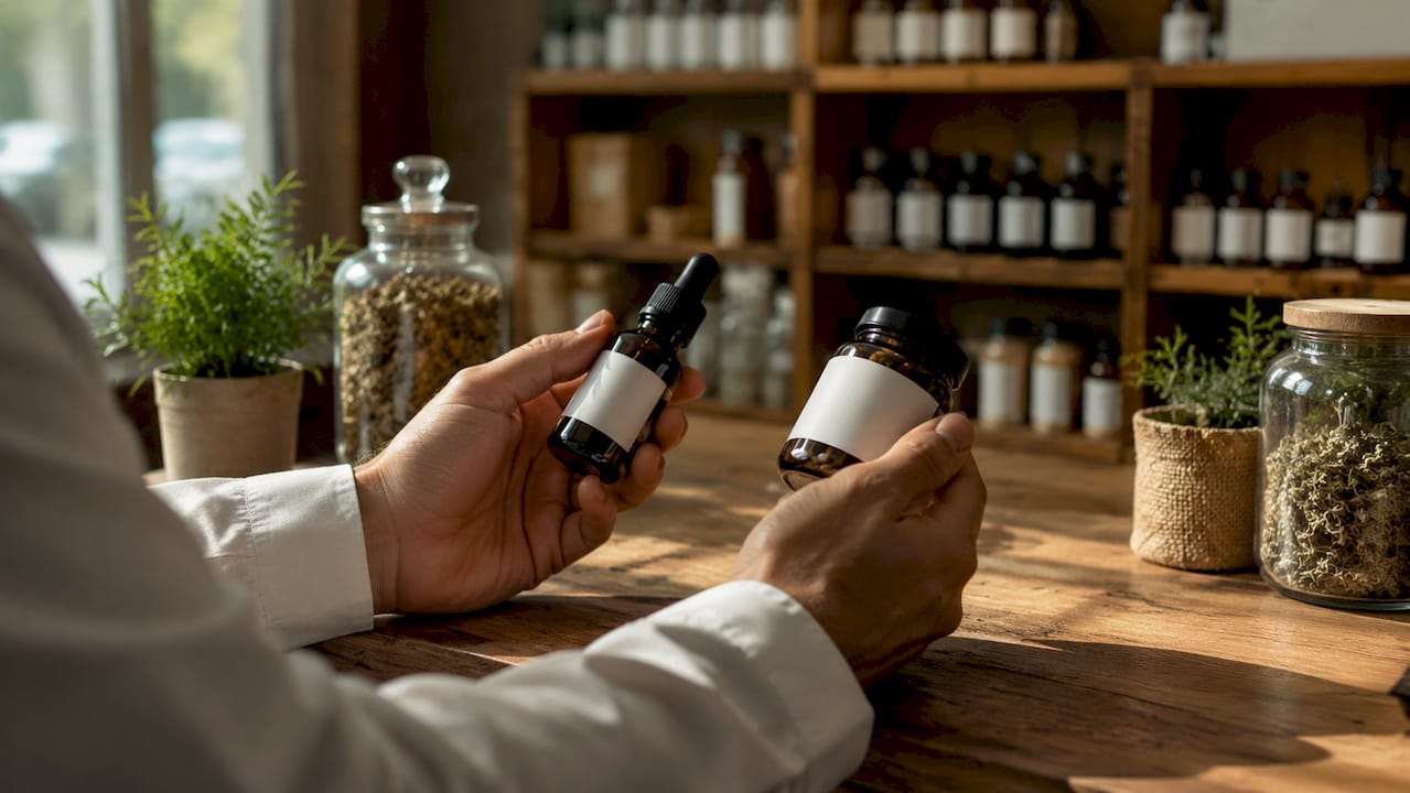 Pharmacist comparing CBD product formats at counter