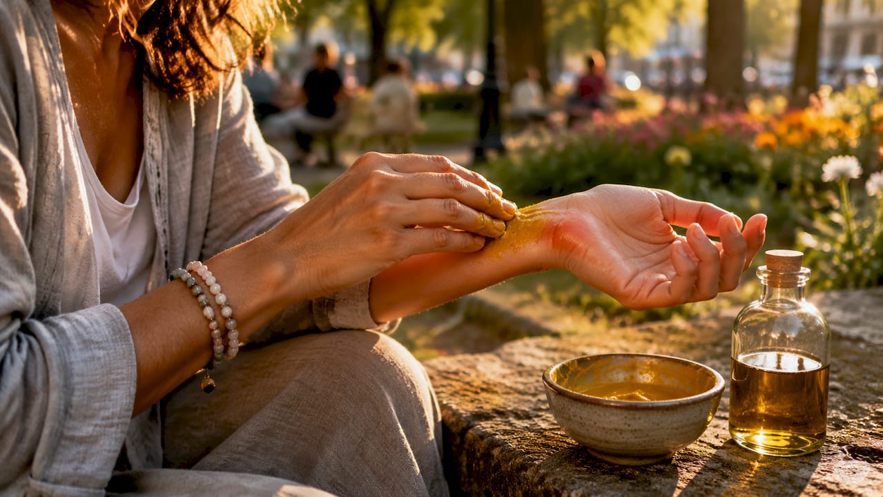 Applying turmeric on wrist for inflammation relief