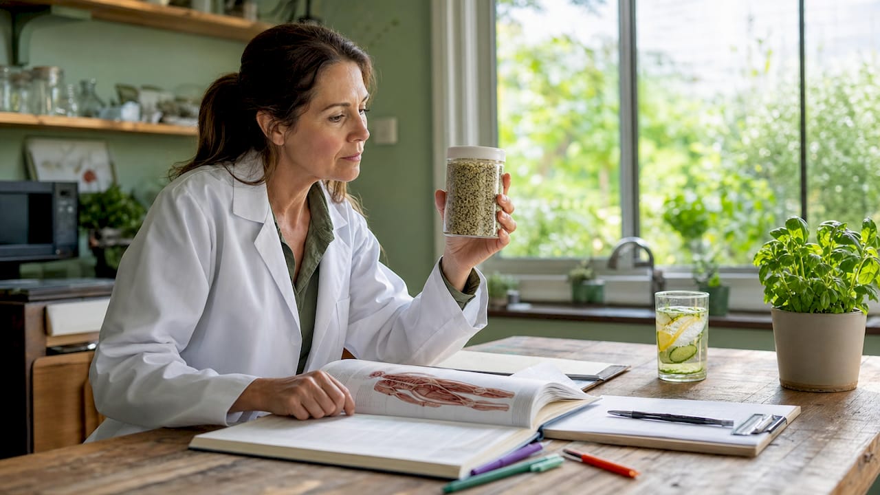 Nutritionist examining container of organic hemp seeds