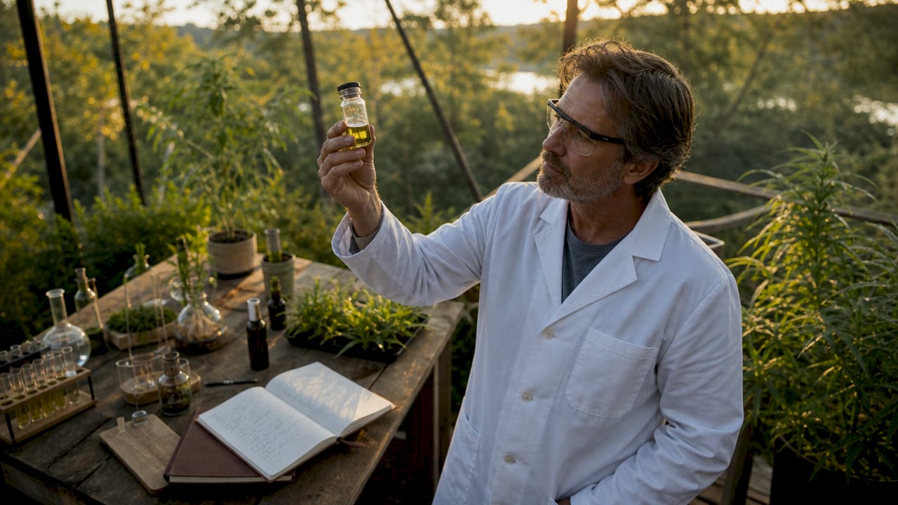 Scientist examining hemp oil sample in lab