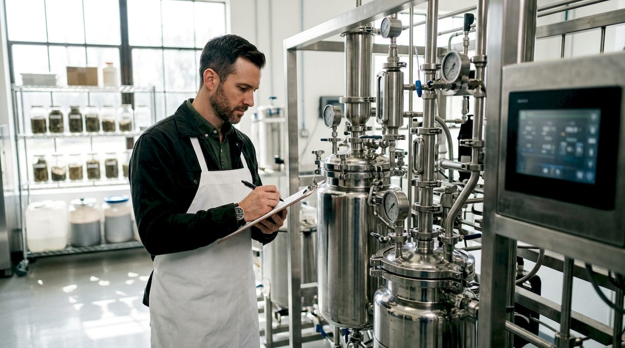 Technician overseeing CO2 extraction process