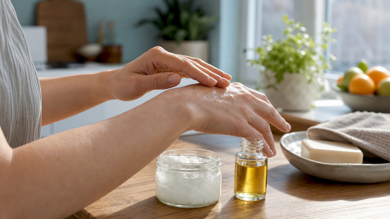 Hands applying coconut oil in bathroom