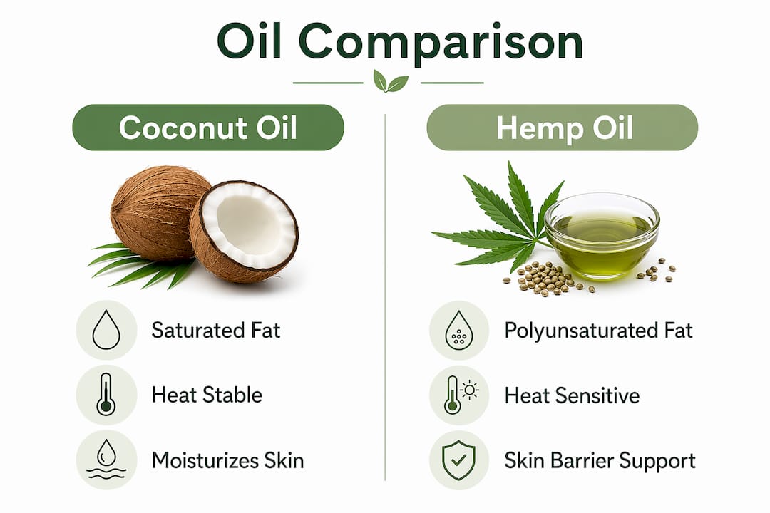 Infographic comparing benefits and features of coconut and hemp oils