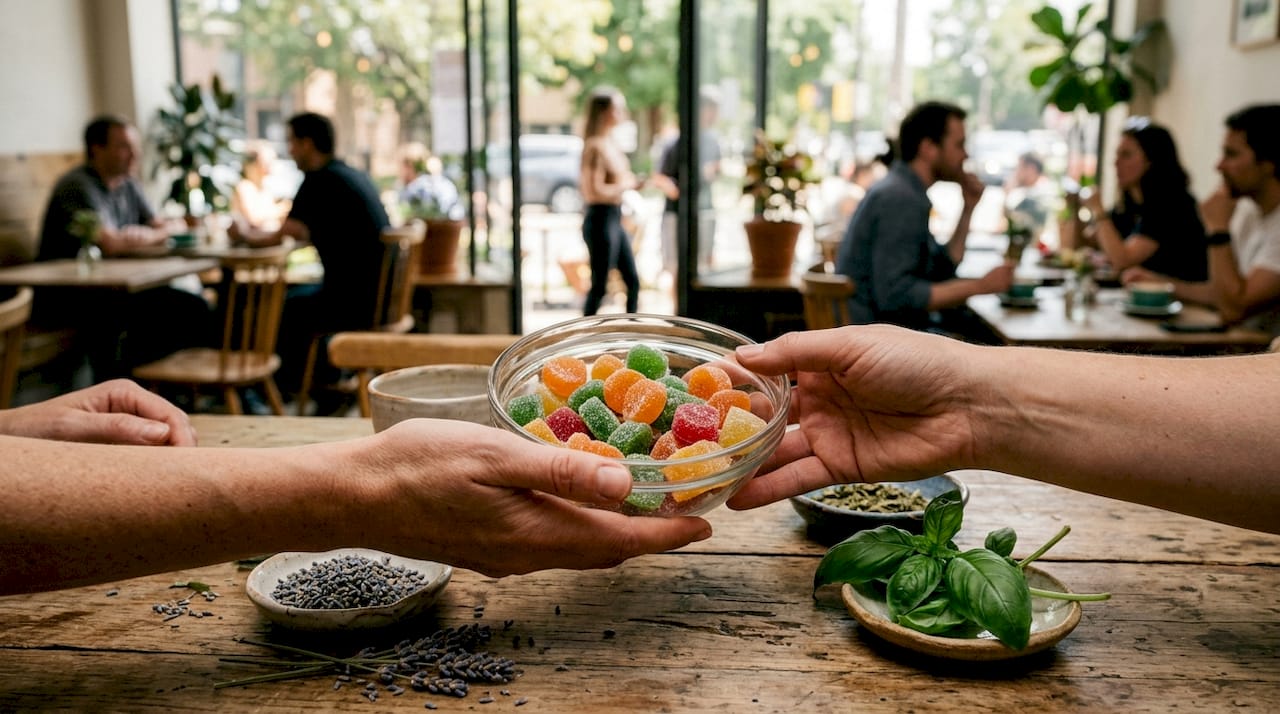 Close-up of CBD gummies and natural ingredients on counter