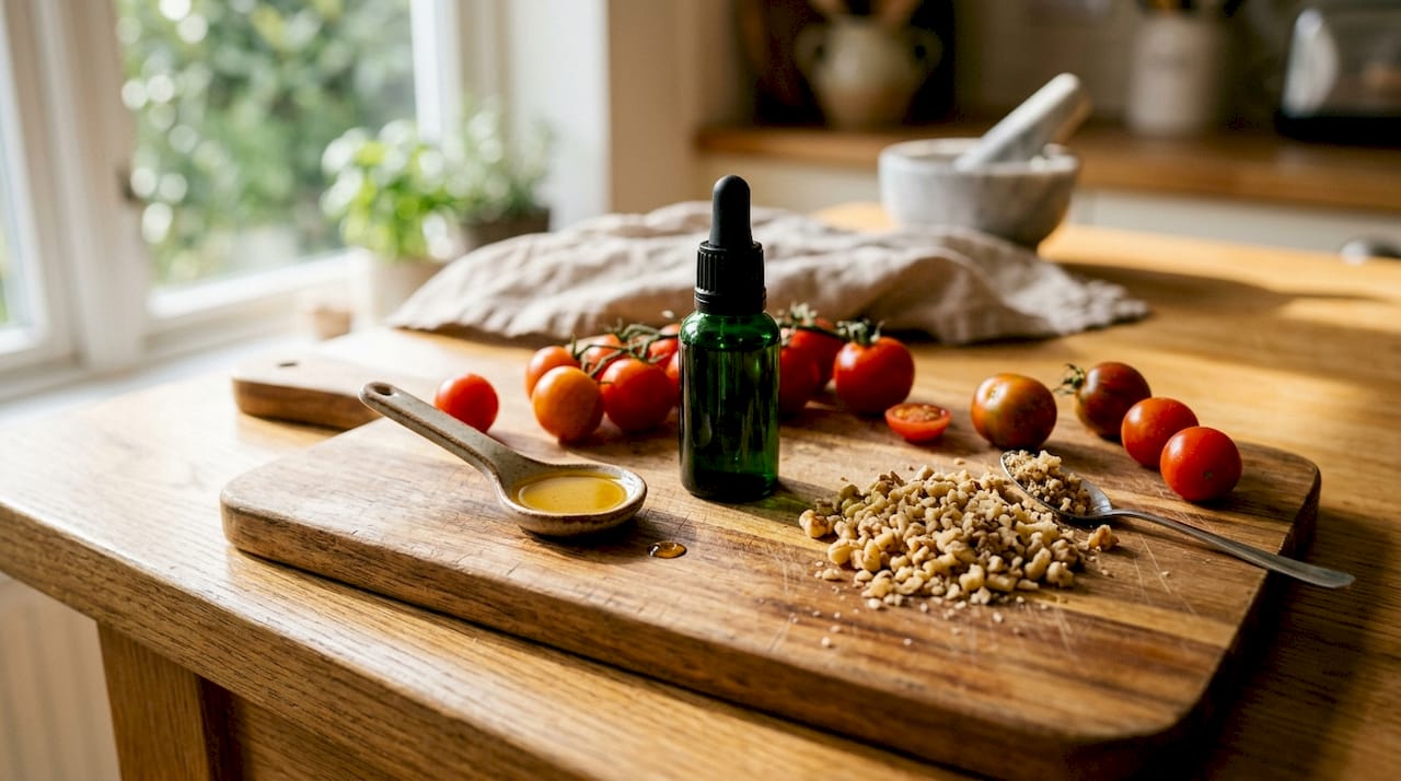 Close-up of CBD tincture and culinary ingredients on cutting board