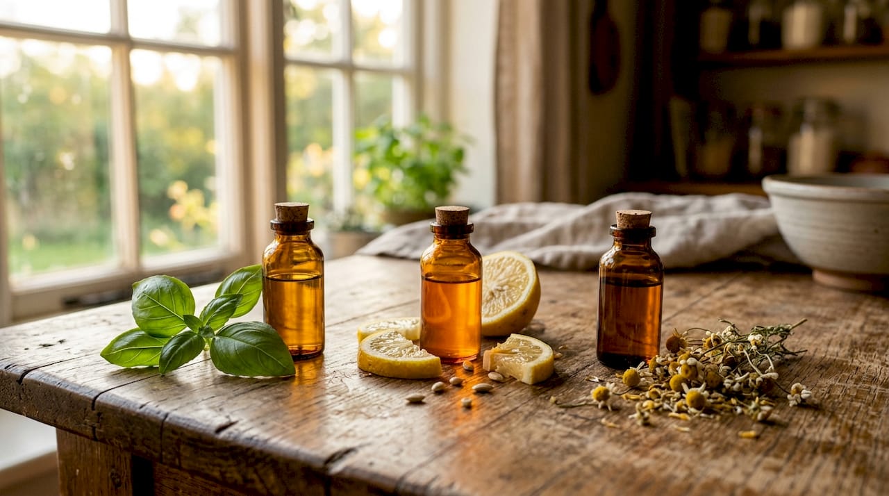 Three spectrum oil vials with natural elements