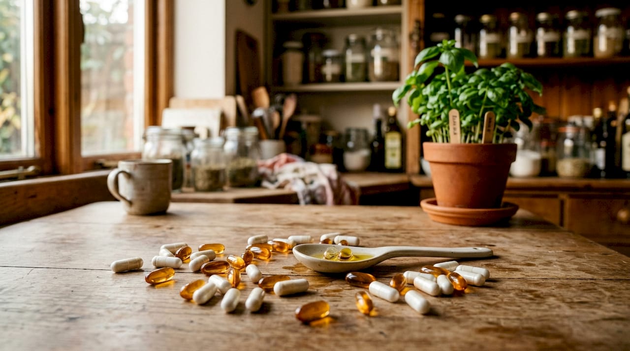 Close-up overhead view of CBD soft gel capsules on wooden surface
