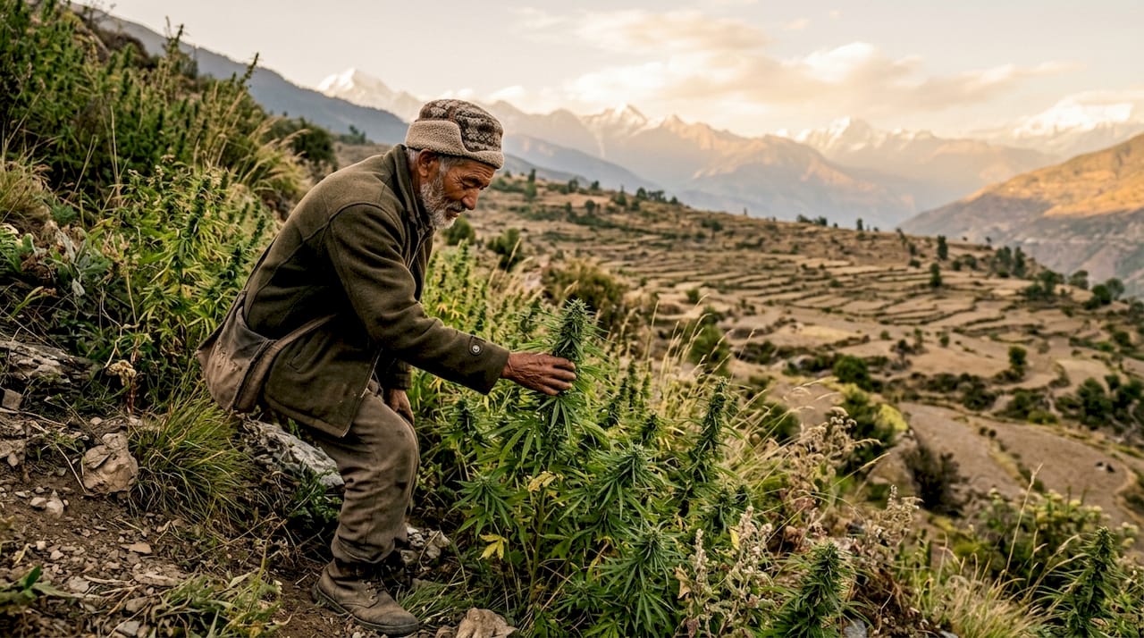 Hands touching wild cannabis on Himalayan plateau
