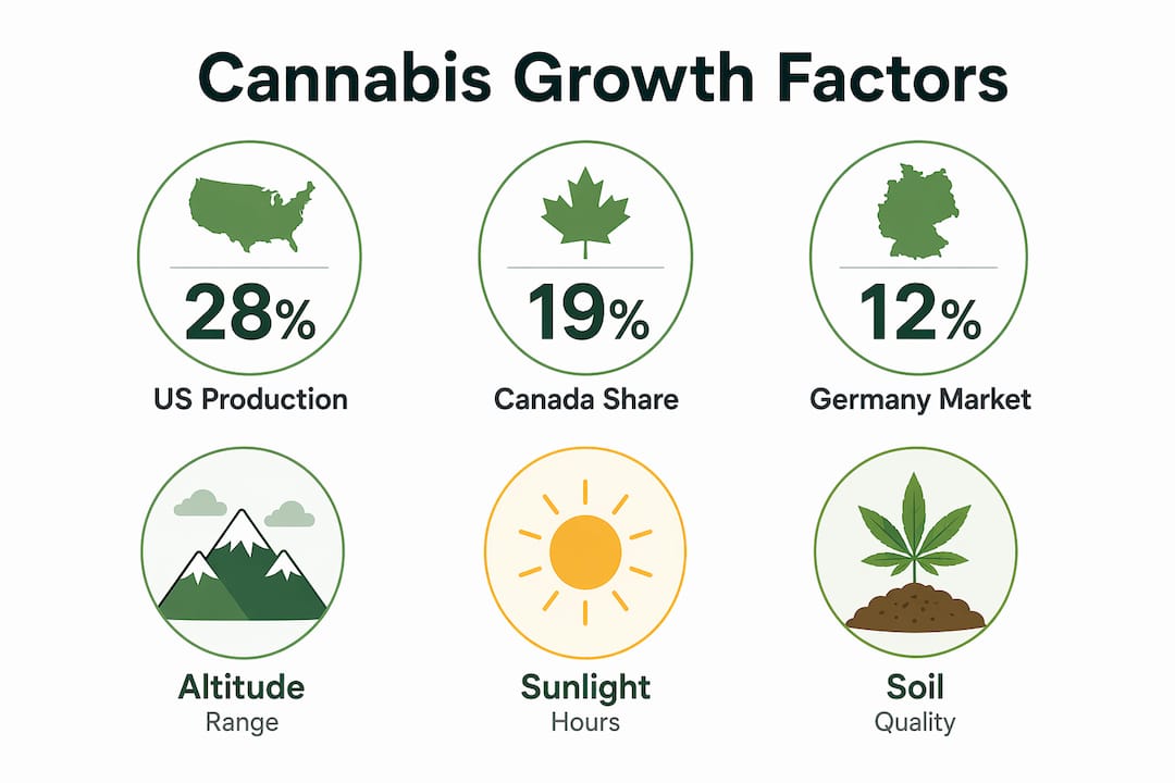 Infographic displaying cannabis cultivation factors and production statistics