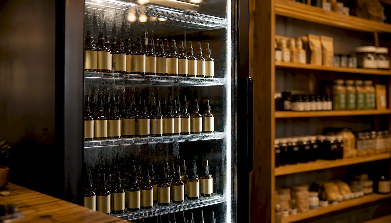 Close-up of refrigerated hemp oil bottles on glass shelf