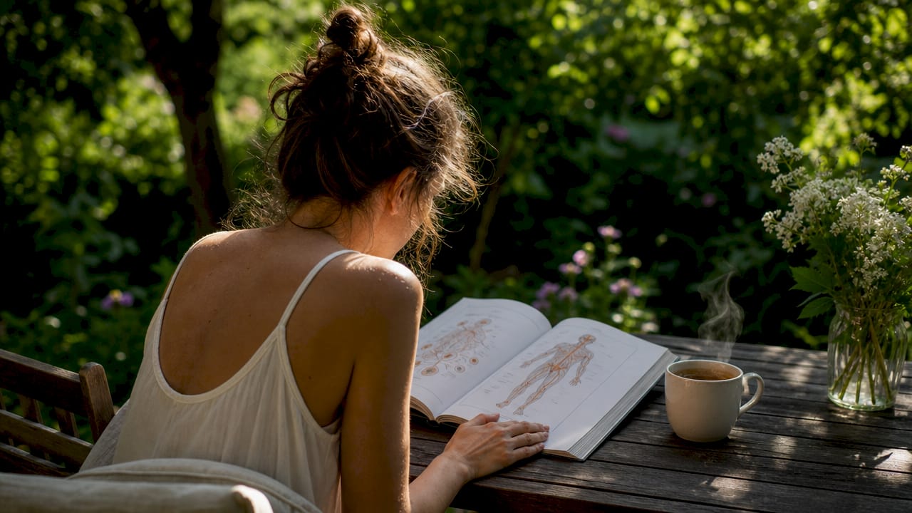 Hands reading anatomy book on endocannabinoid system